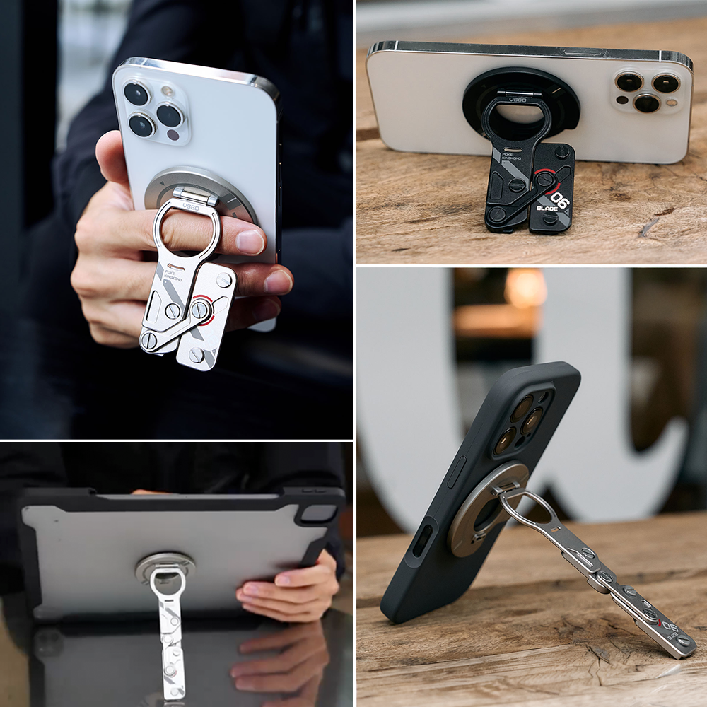 VSGO スマホスタンド MagSafe対応 開封カッター機能付き 360度回転 縦横置き メタルリング付き